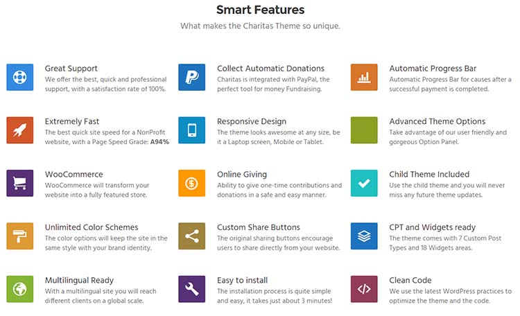 Nonprofit Charity WordPress Themes Charitas Features